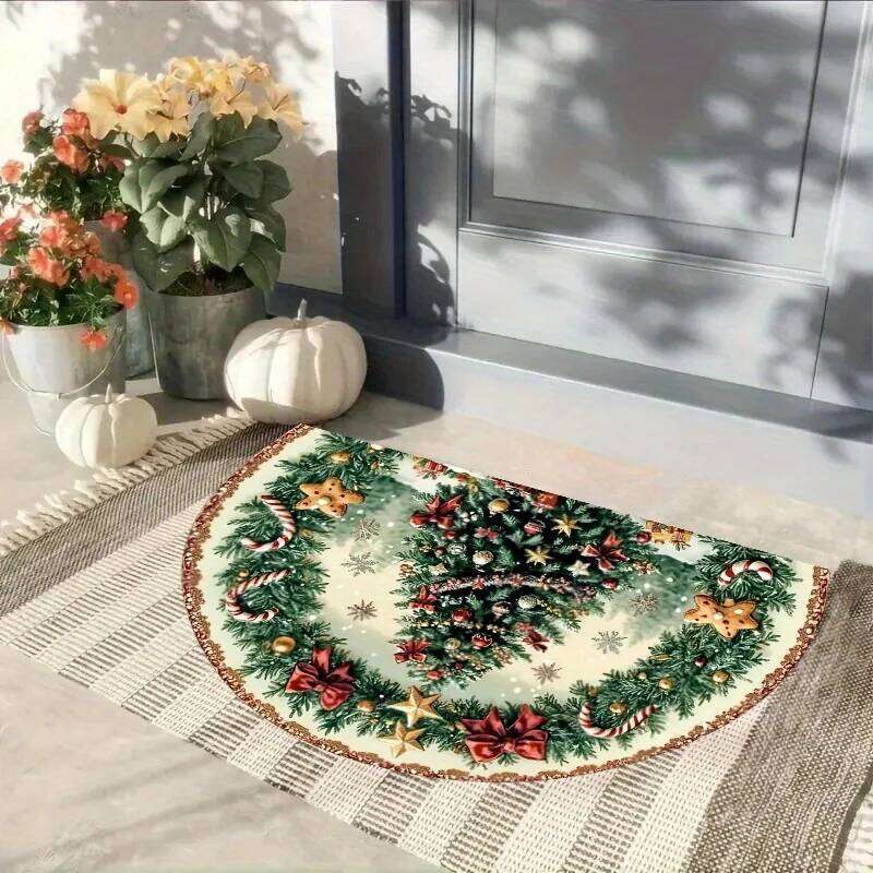 VIKAMA Christmas Theme Half Round Doormat Pine Bow Festive Decorative Rugs For Entryway Living Room Ins Style Home Decoration H260226