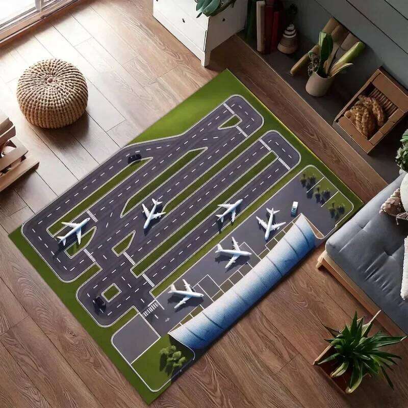 Airplane Airport Terminal Rug Realistic Runway Play Mat Aviation Themed Carpet for Kids Bedroom or Playroom Decor H260226