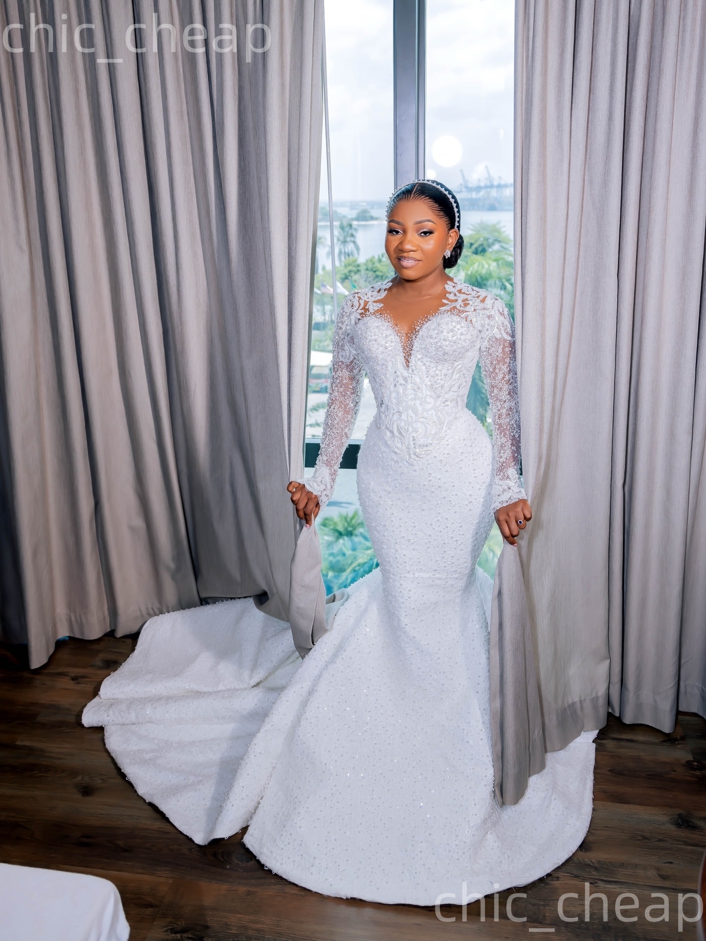 African Aso Ebi 2026 Ivory Mermaid Wedding Dress Pearls Lace Sheer Neck Full Sleeves Sequined Vintage Charming Bridal Gowns Dresses ZJ0277