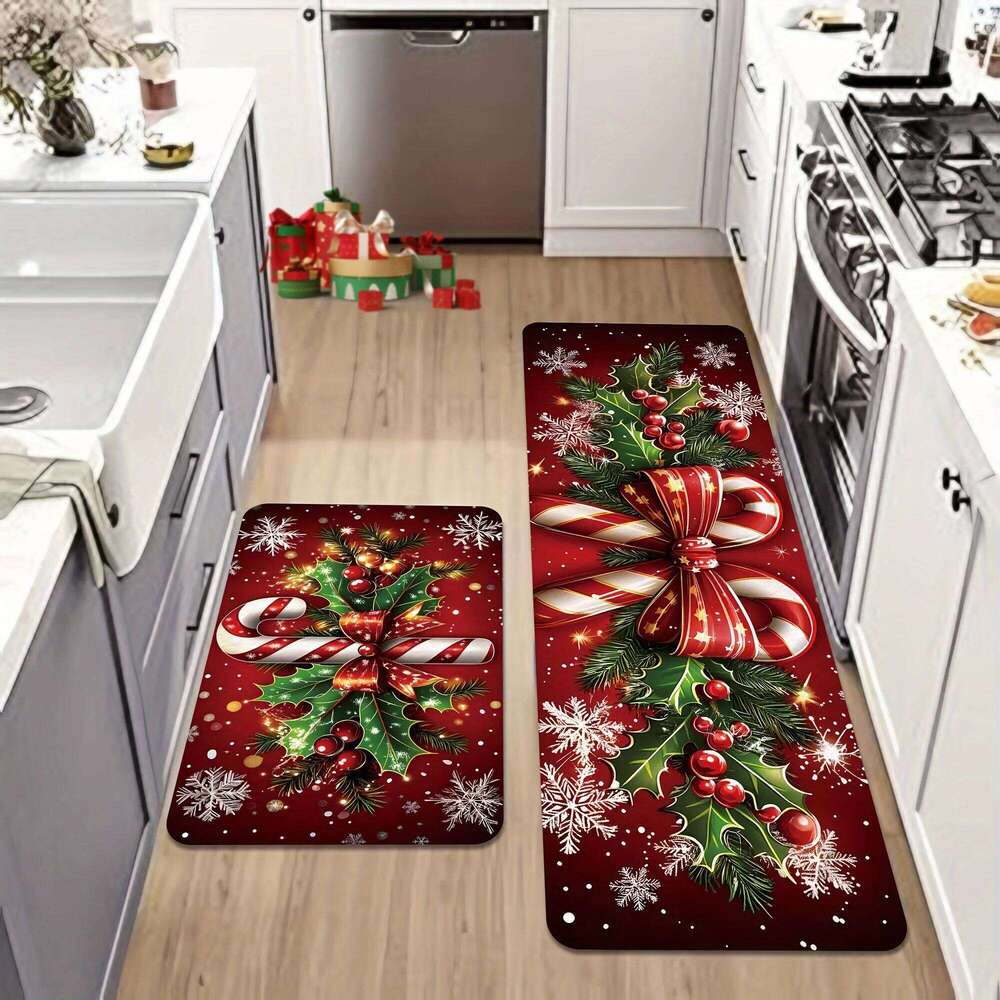 VIKAMA Merry Winter Candy Canes Holly Snowflake Kitchen Mat Christmas Holiday Atmosphere Decor Festive Home Gift H260226