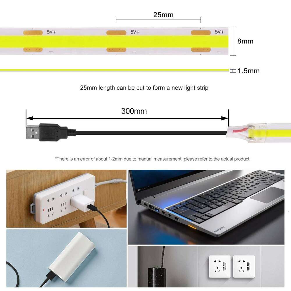 5V USB/DC/2Pin COB Strip Self-adhesive Flexible TV Background Lighting Tape 3000K/6000K 1-5m LED String Light Home Decor Z260226