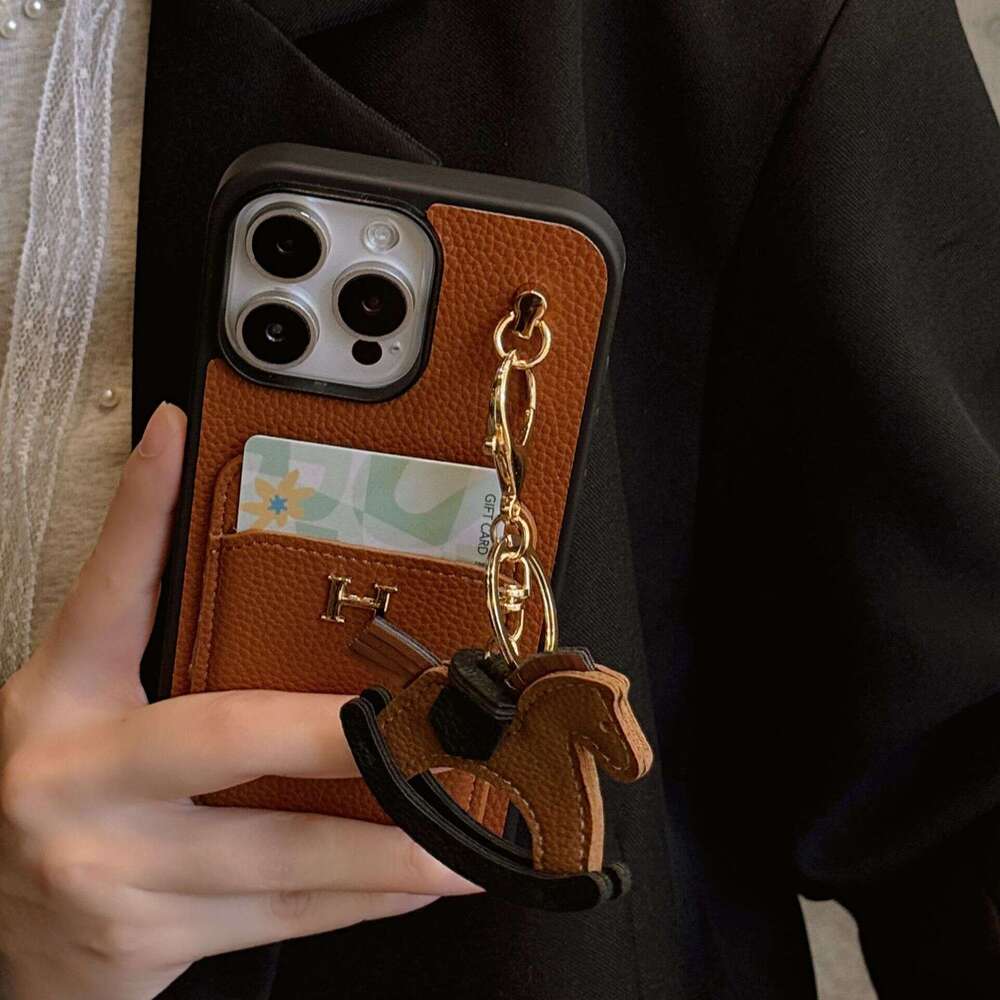 Luxury phone caseNew Card Slot + Rocking Horse iPhone 17 Lychee Texture Genuine Leather Feel Compatible with Samsung S25 Protective Case