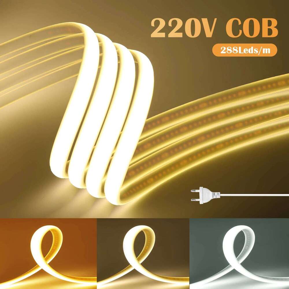 Super Bright 220V Cob LED Strip Light IP65 Waterproof With EU US Power Plug 288 LEDS/m Warm/Neutral/White Ribbon Tape Room Decor Z260226