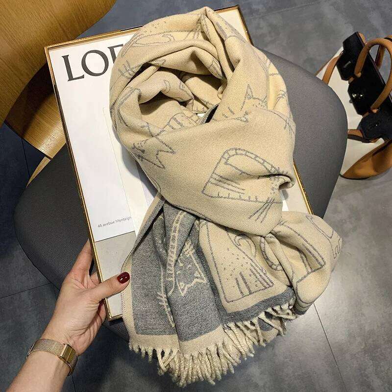 2025 New Thickened Fringe Scarf Women, Cat Printed Faux Cashmere Hot Sale Stole for Autumn and Winter Warm Neckmer Z260226