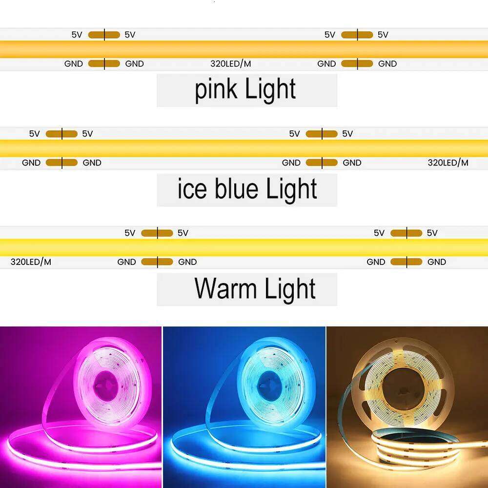 COB LED Strip Light 400LEDs/m High Density Flexible 8mm FOB Tape Lights Ribbon RA90 Warm Nature Cold White Dimmable DC5V Z260226