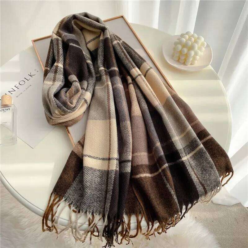 Newly launched, this luxurious plaid printed scarf for women in winter features tassels and is a long casual shawl Z260226