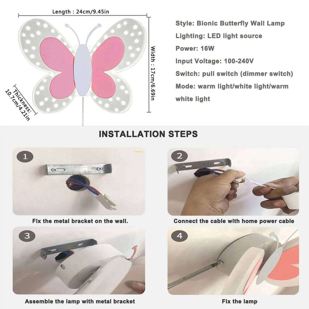 Creativity Butterfly Children's Lamp Pink Pull Switch Wall Sconces Indoor Bedside Room Aisle Decorative Lights Z260227