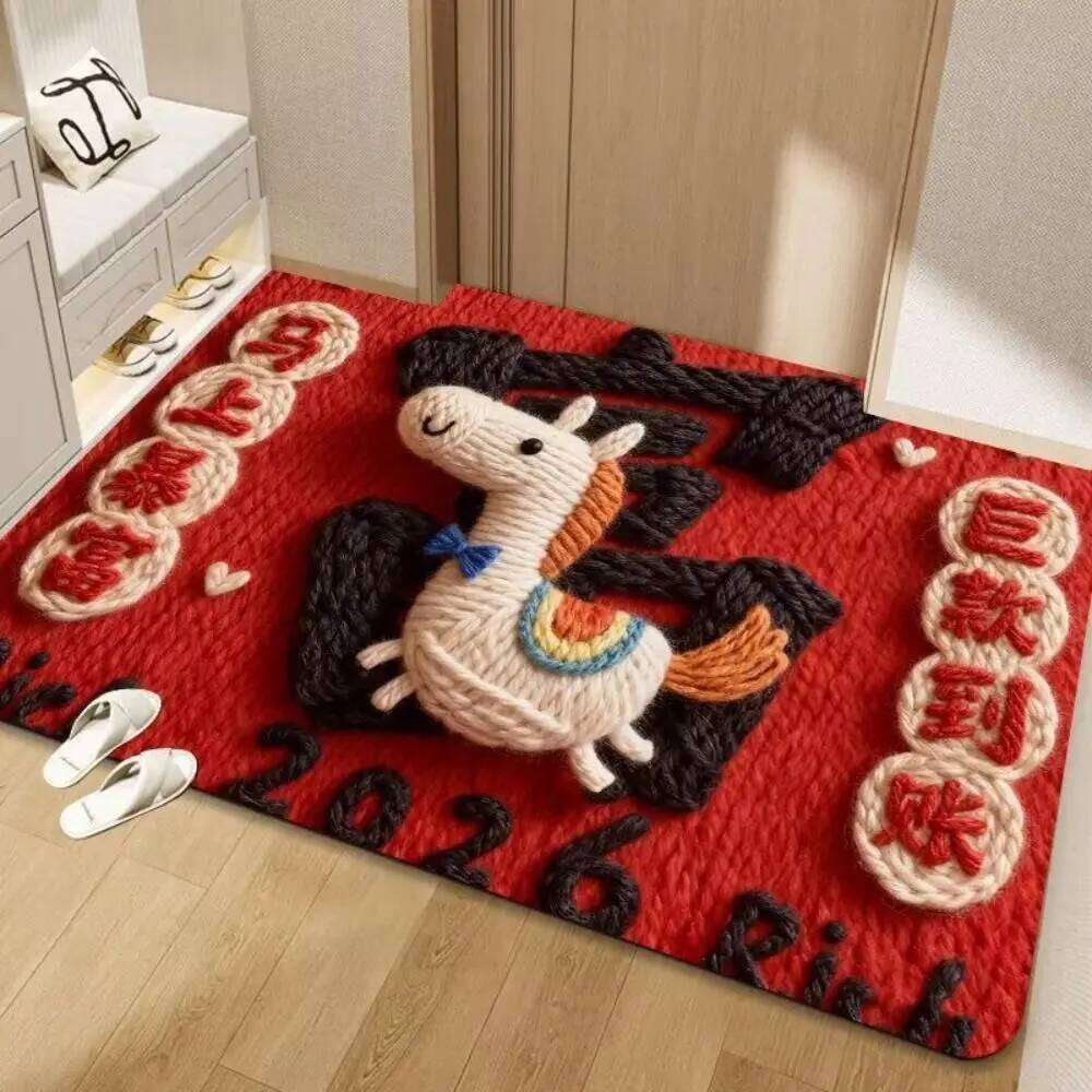Pattern New Non-slip Door Carpet Water Absorption Festive Red Year of The Horse Bath Mat Home Decorations H260226