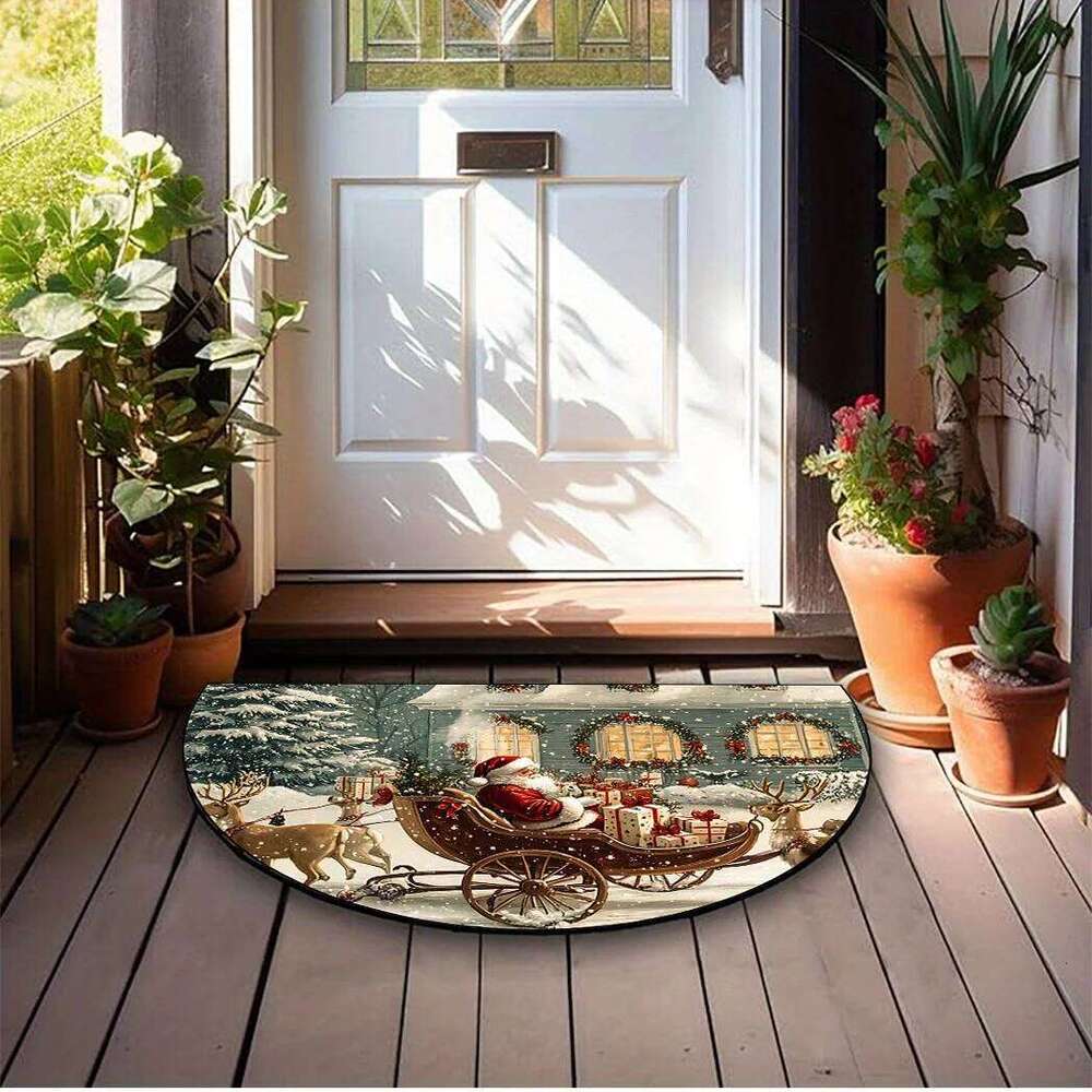 VIKAMA Christmas Theme Half Round Entry Rug Sleigh Reindeer Print Foyer Entryway Living Room Festive Decoration Home Floor Mat H260227 - view 5