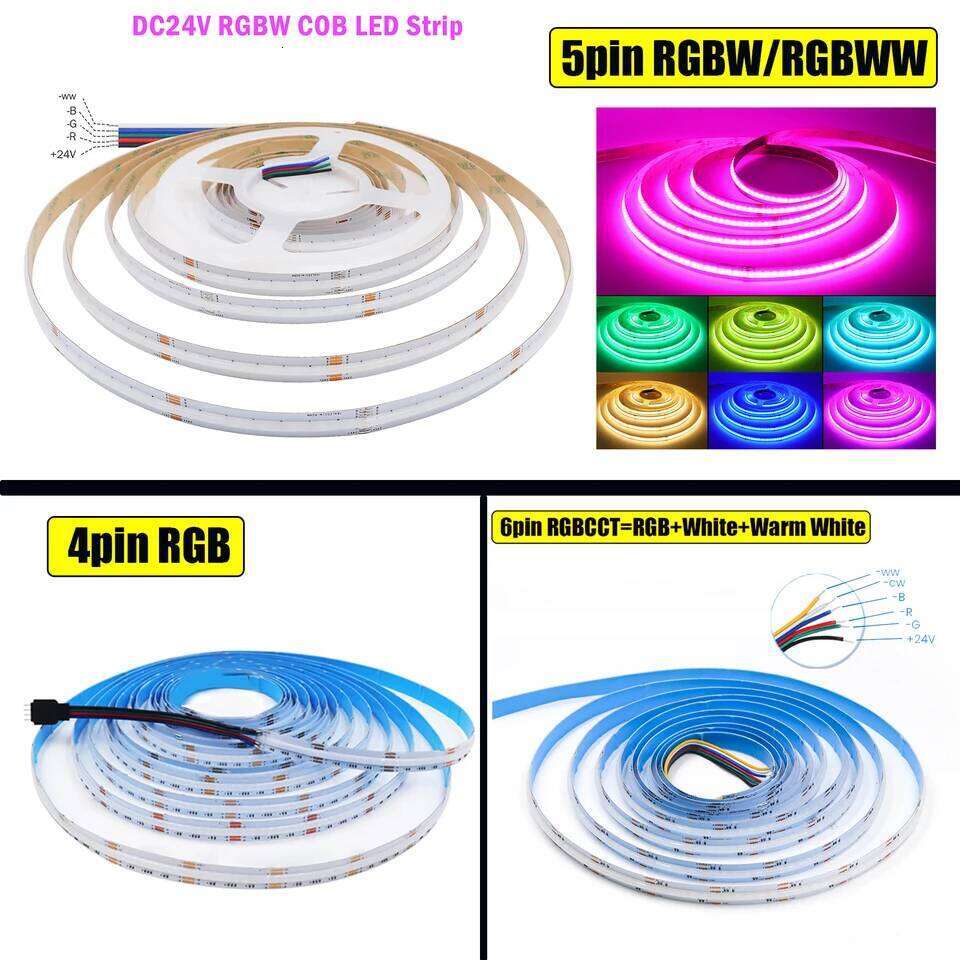DC 12V 24V COB LED Strip 840 784LEDs/M RGB RGBW RGBWW RGBCCT High Bright Dotless Home Decor Led Tape Diode Flexible Ribbon Rope Z260226