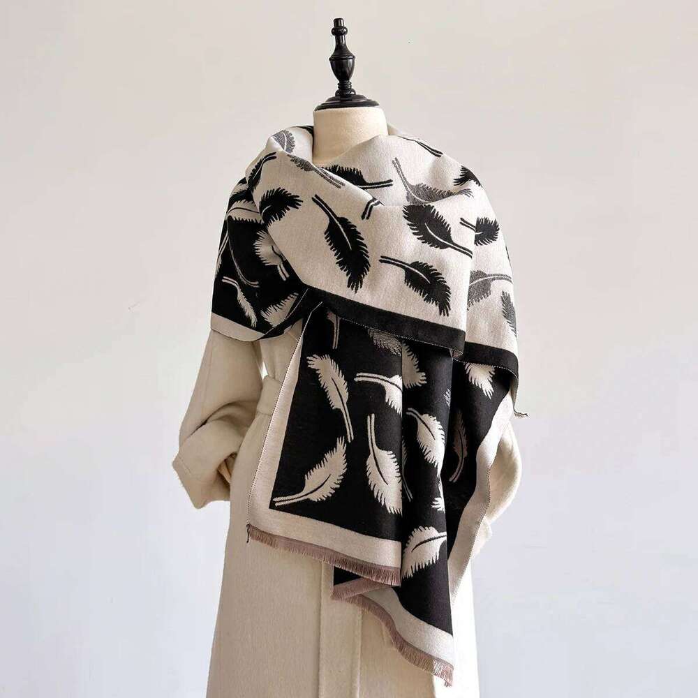 Women's Winter Faux Cashmere Thick Feather-Cashew Flower Design Warm Blanket Scarf Fashionable Luxurious Accessory Z260226