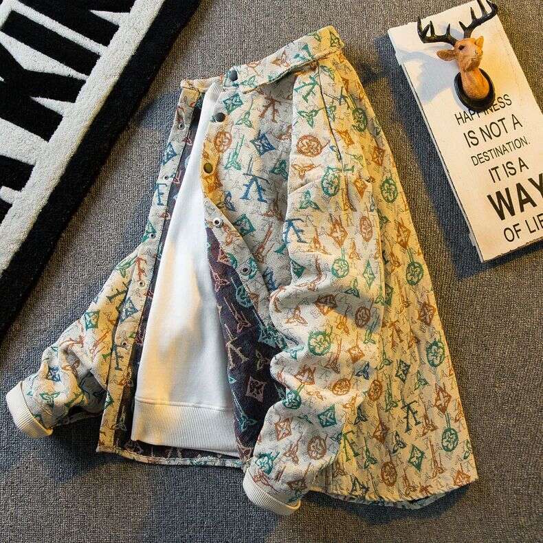 Vintage Retro Jacquard Full-Print Long-Sleeve Shirt, Men's Spring And Autumn Turn-Down Collar Shirt Jacket