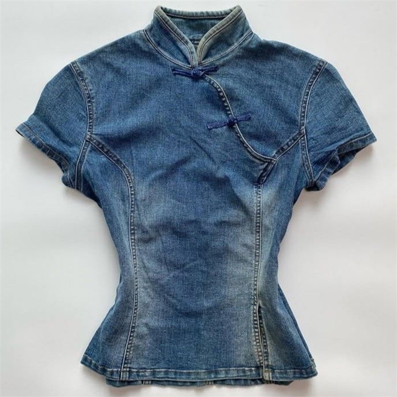 Y2K Vintage Aesthetics Womens Cheongsam Top Sexy Cute Slim Fit Chic Denim Crop Top Fashion Trendy Grunge Punk Female Streetwear 260227