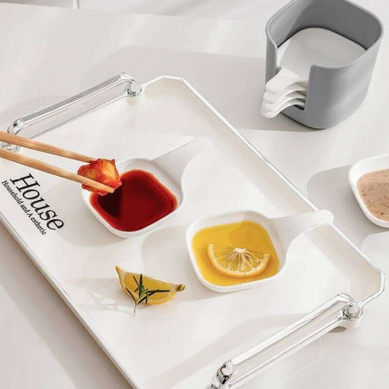 Portable Handle Snack Tray Set Kitchen Dip Tray with Discard-Bone Compartment Stackable Plastic Seasoning Dinner Plates Home Use Model