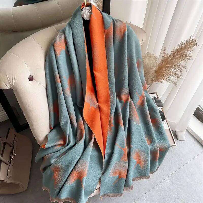 Blue Thick Cashmere Blanket Women Scarf Warm Pashmina Shawl Winter Wraps Bufanda Leaf Print New Design Poncho Echarpe Female Z260226