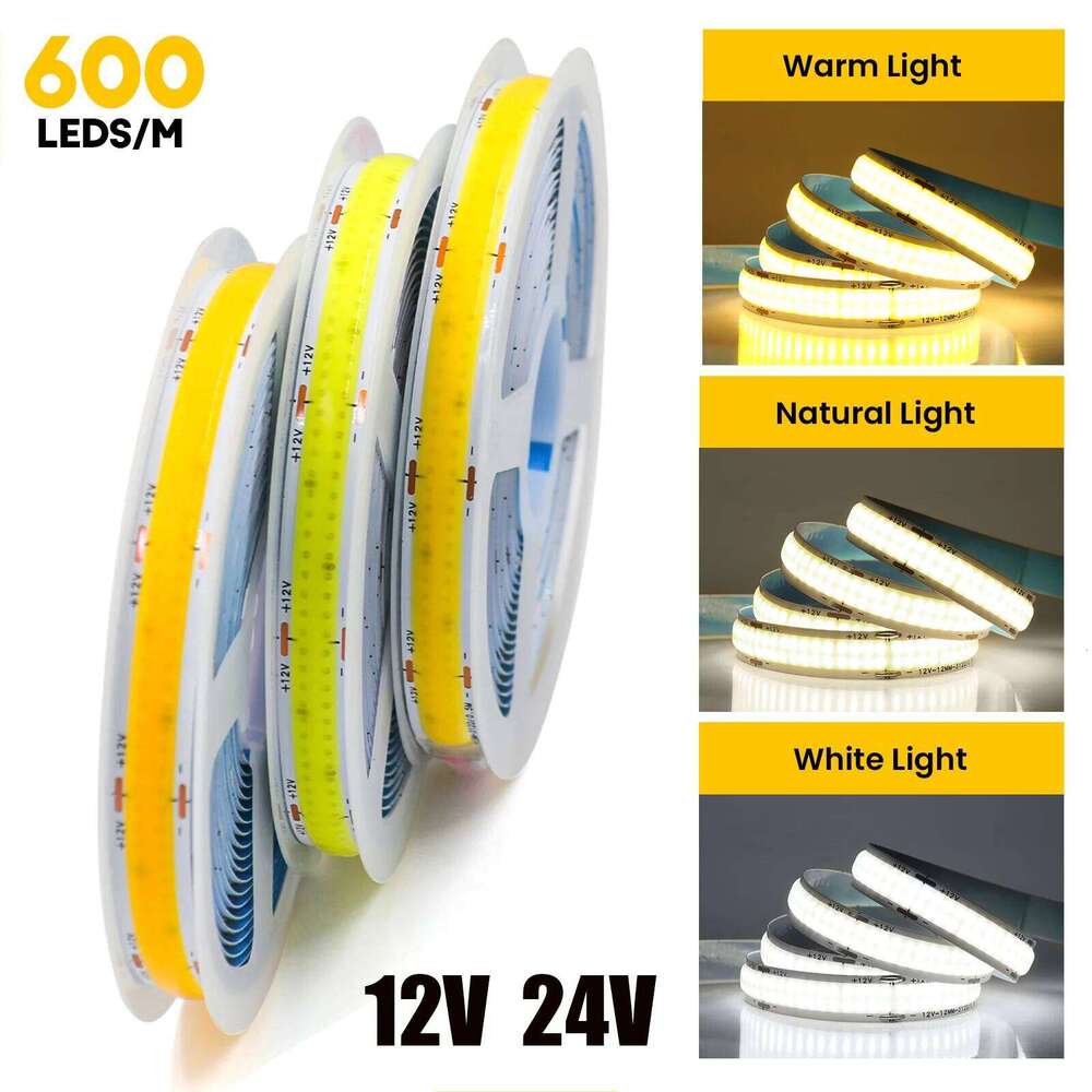 600Leds/M Double Row COB Strip DC 12V 24V High Brighter RA85 Warm/Natural White 3000K 4000K 6000K Flexible Ribbon Rope LED Light Z260226