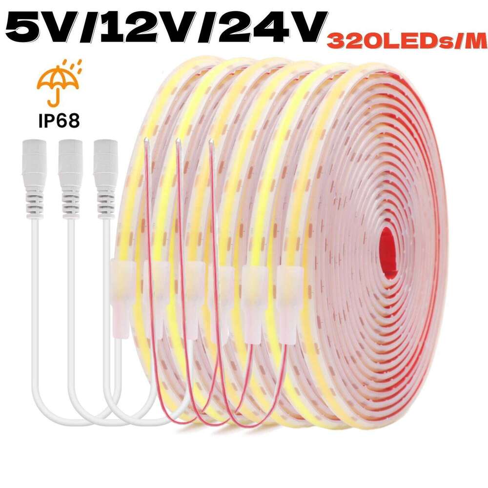 5V 12V 24V COB LED Strip Light 320LEDs/M IP68 Silicone Tube Waterproof Adhesive Tape RA90 Linear Lighting 3000K 4000K 6000K Z260226