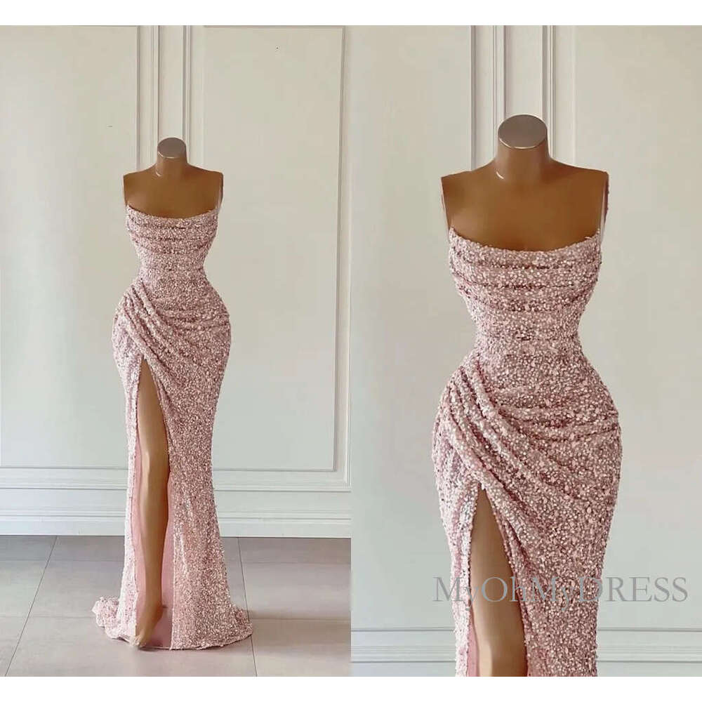 Rose Gold Pink Sequins Prom Dresses Sexy Mermaid Strapless Split High Evening African Girls Formal Party Occasion Gowns Custom Made Bc15182 B0227