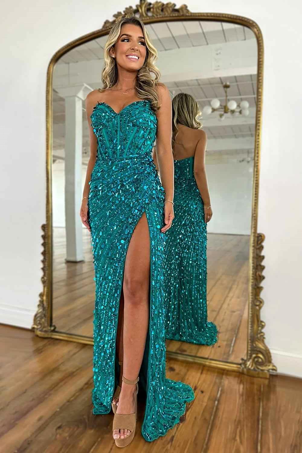 Sparkly Gold Sequined Mermaid Prom Dresses Sweetheart Long Corset Evening Gowns With Slit Junior Gala Birthday Party Wears F27bc22014 B0312