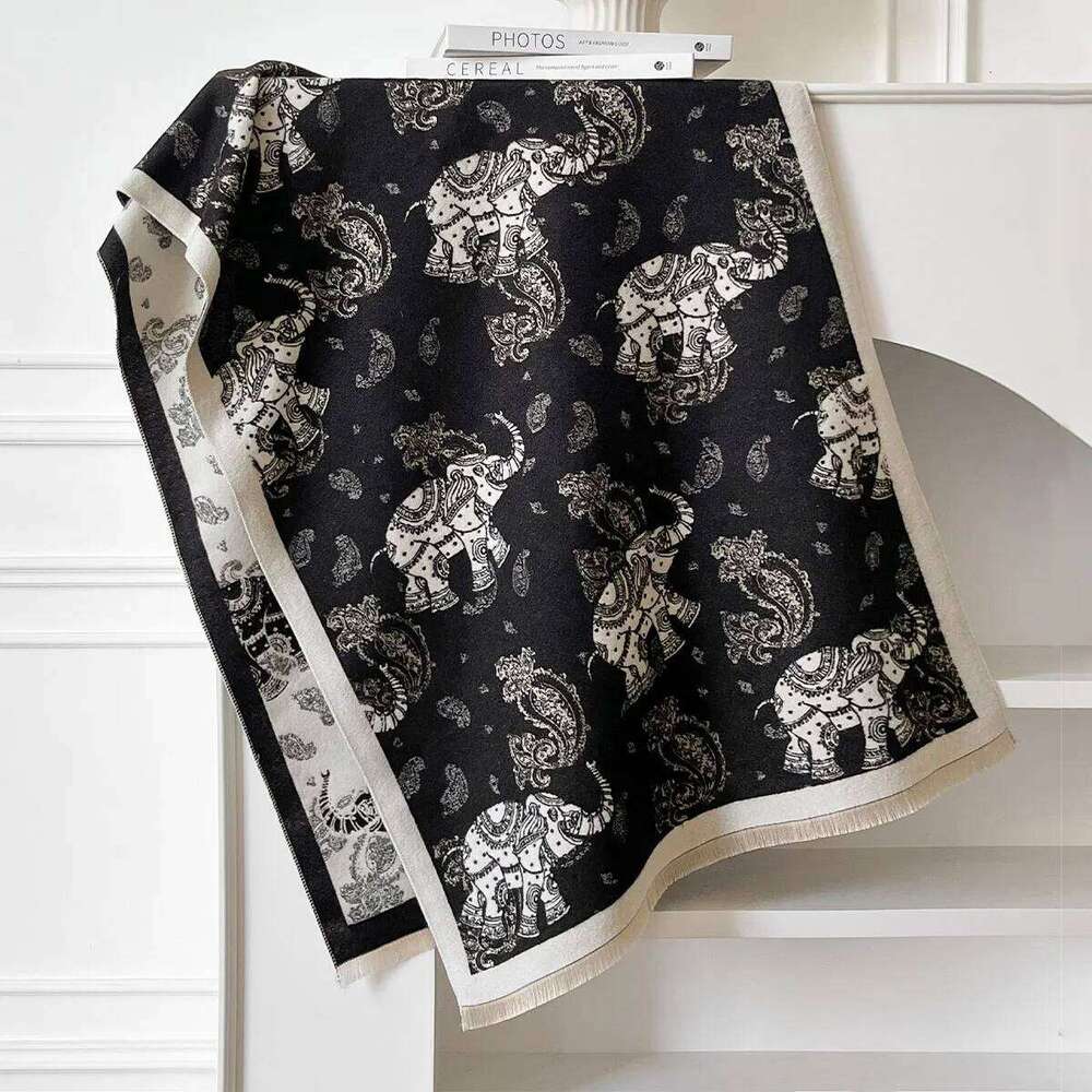 New Brand Elegance Two-Sided Jacquard Scarf Cashmere Soft Warm Fringe Pashmina Elephant Shawl Winter Coldproof Windproof Blanket Z260226
