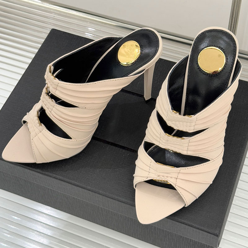 Women Emilie Mules Satin Crepe Designer Womens High Heel Sandals Brand Lady Open toed Stiletto Sandals Metal Letter Logo Top Quality Size 35-41
