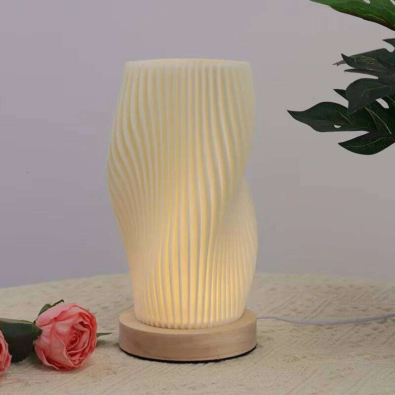 Nordic style creative 3D printing three-color LED button dimming wood base living room desk bedside decorative lamp Z260227