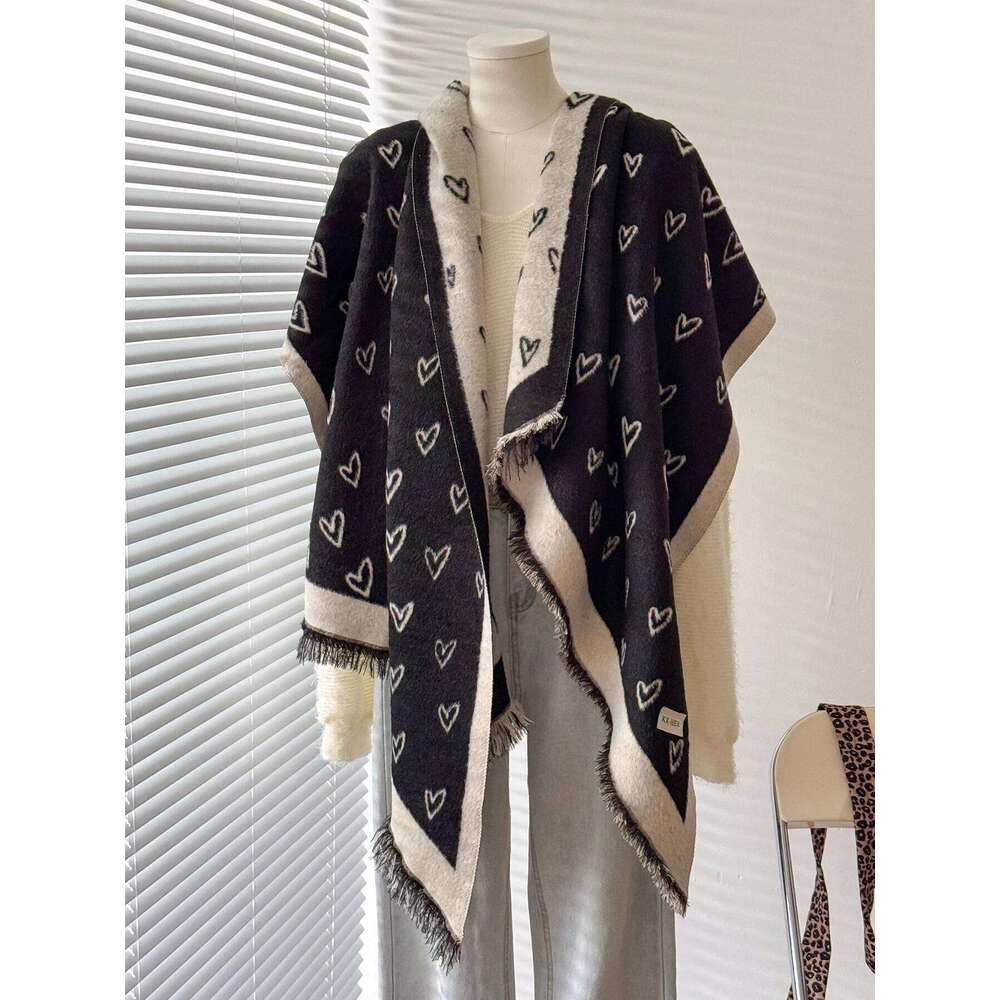 Women & Men Winter Warm Scarf Delicate Love Pattern Faux Cashmere Irregular Cut Double-Sided Neckerchief for Cold Days Z260226