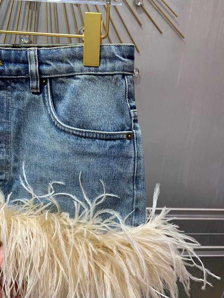 Women's Shorts Fashion Ostrich Plumes Denim High Quality 2024 Spring Hair Short Pants Lady