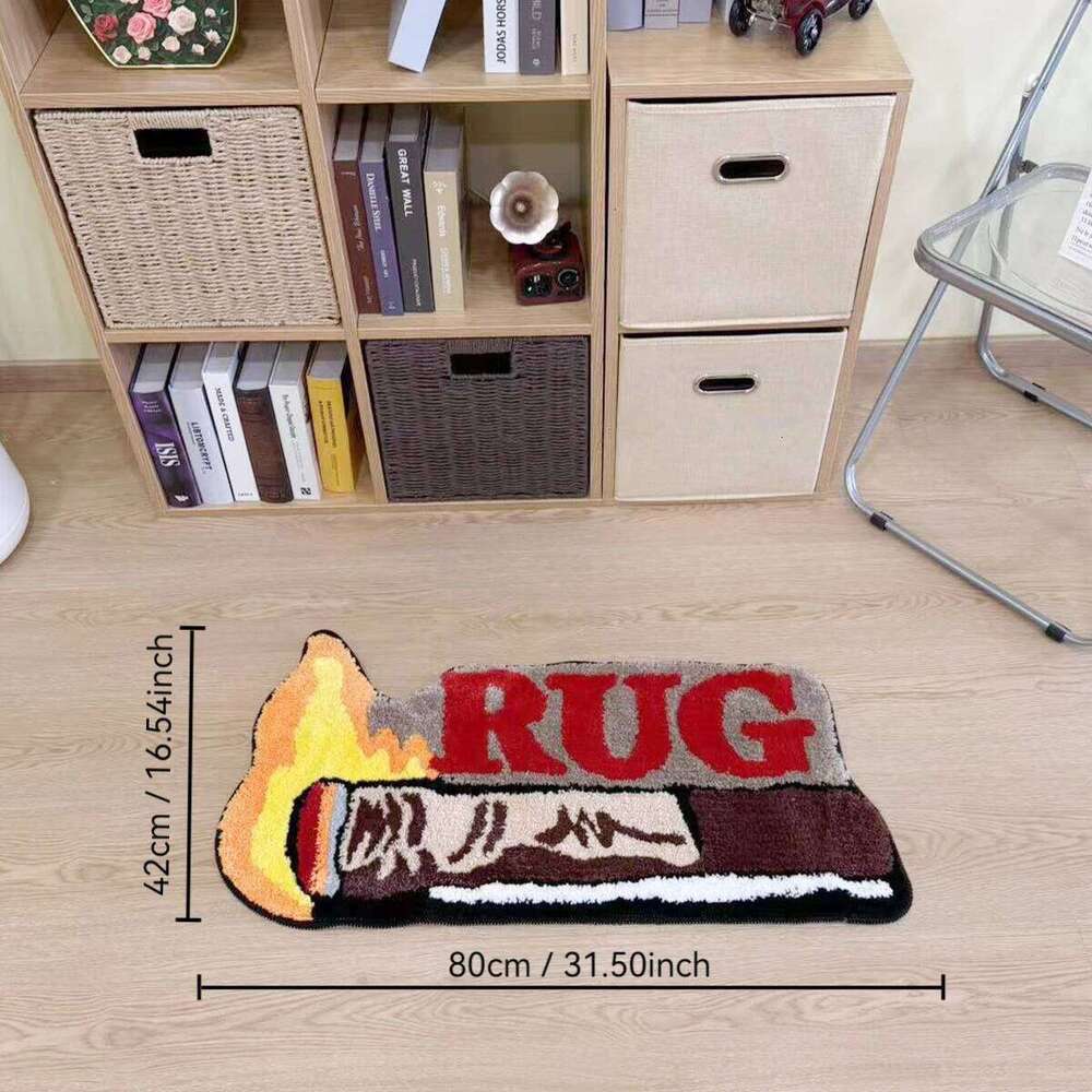 Novelty Burning Matchstick Rug Funny "RUG" Letter Tufted Carpet Non-Slip Doormat for Bedroom Living Room Home Decor Creative H260226