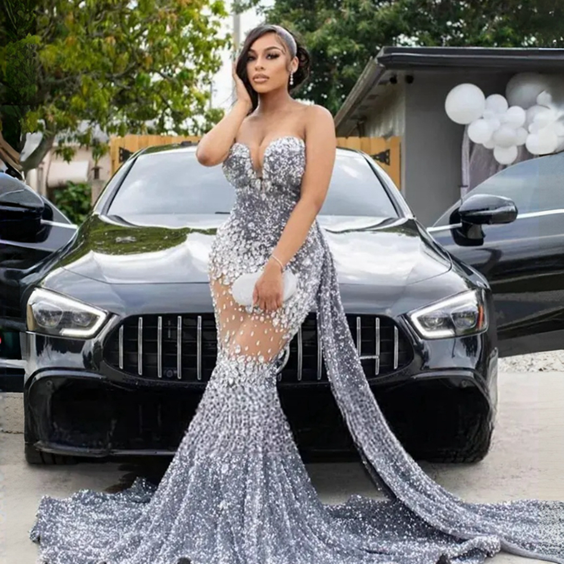 2025 Shiny Aso Ebi Prom Dress Mermaid Evening Dresses Scoop Neckline Sexy Side Split Beaded Lace Illusion Long Sleeves Birthday Dress Second Reception