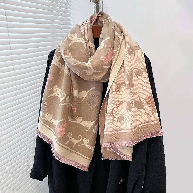 Elegant Ladies' Animal Cat Pashmina Autumn Winter Thick Warmth Double Sided Tassel The Shawl Coldproof Windproof Blanket Scarf Z260226