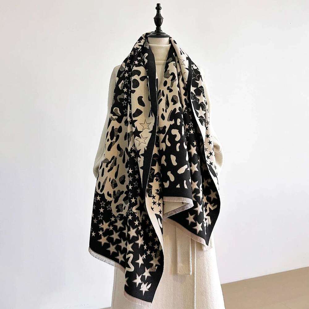 Ladies Thickened Winter Scarf Leopard Print Star Design Two-Sided Faux Cashmere Jacquard Wool Pashmina Wrap Luxury Style Z260226