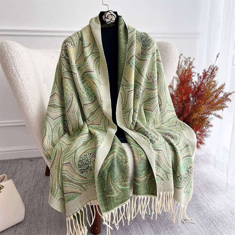 Winter Jacquard Cashmere Pashmina Tassel Scarf Casual Green Warm Blanket Scarves Shawls Wraps Women Girls Thick Poncho Stoles Z260226