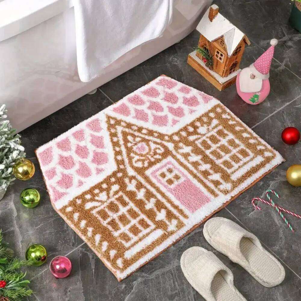 VIKAMA Christmas Gingerbread House Wool-like Carpet Water-Resistant Soft Bath Mat Bedside Rug for Bedroom Winter Home Decoration H260226