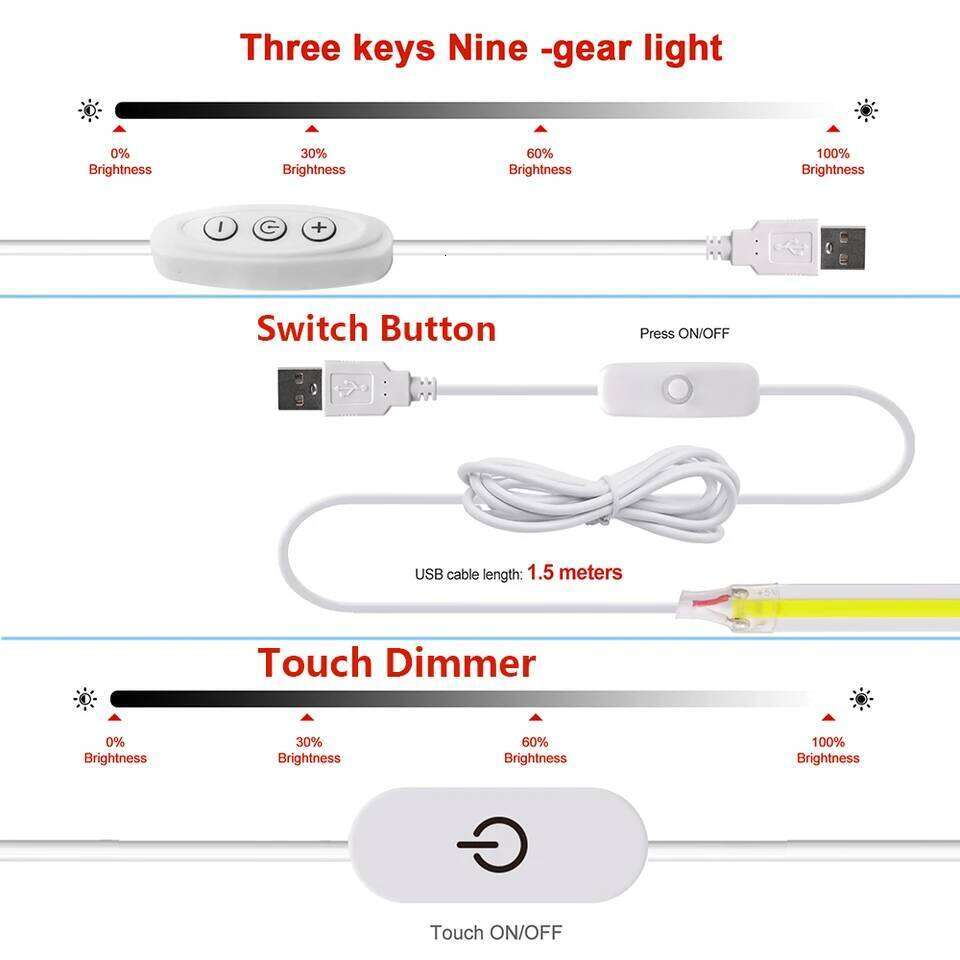 5V COB LED Strip Light With USB 2PIN Wire DC Plug 8MM 320LED High Density Flexible Tape 3000K 4000K 6000K Warm Natural White Z260226