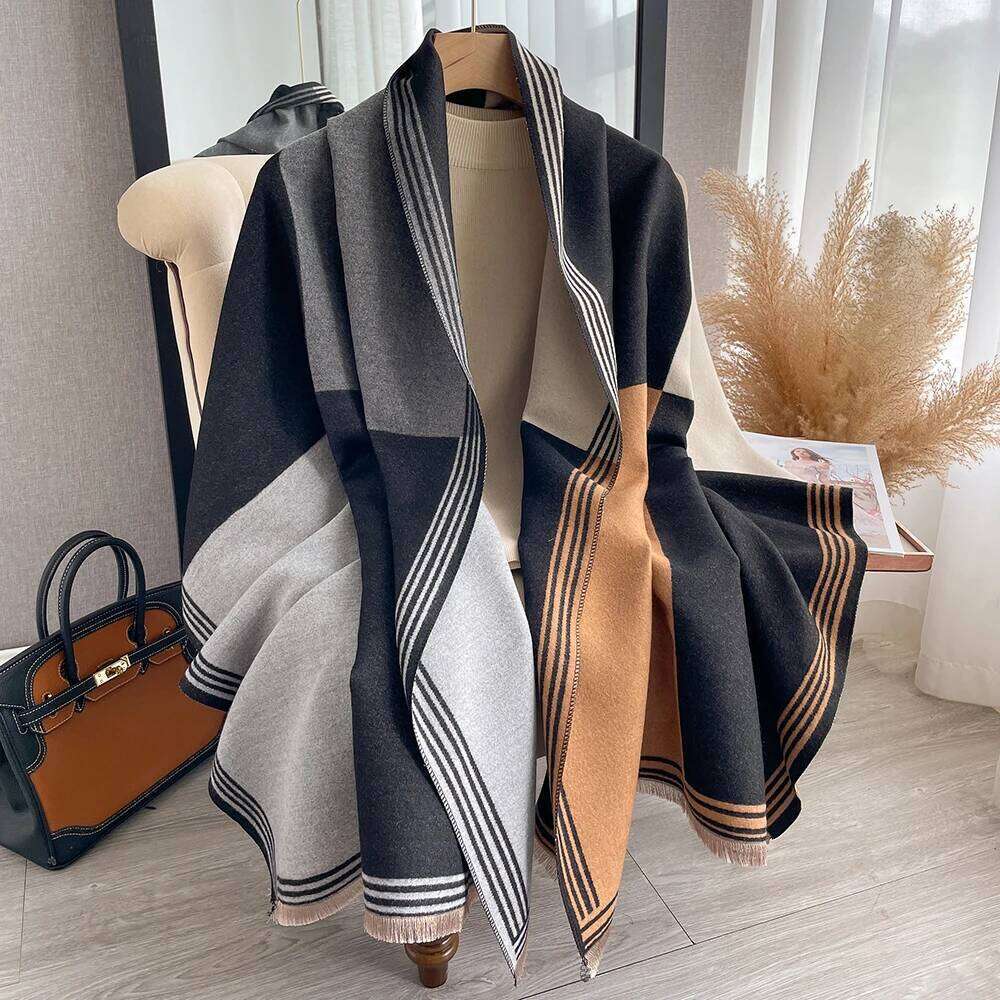 Winter women's geometric splicing faux cashmere fall winter thickened fashion warm and versatile scarf shawl Z260226