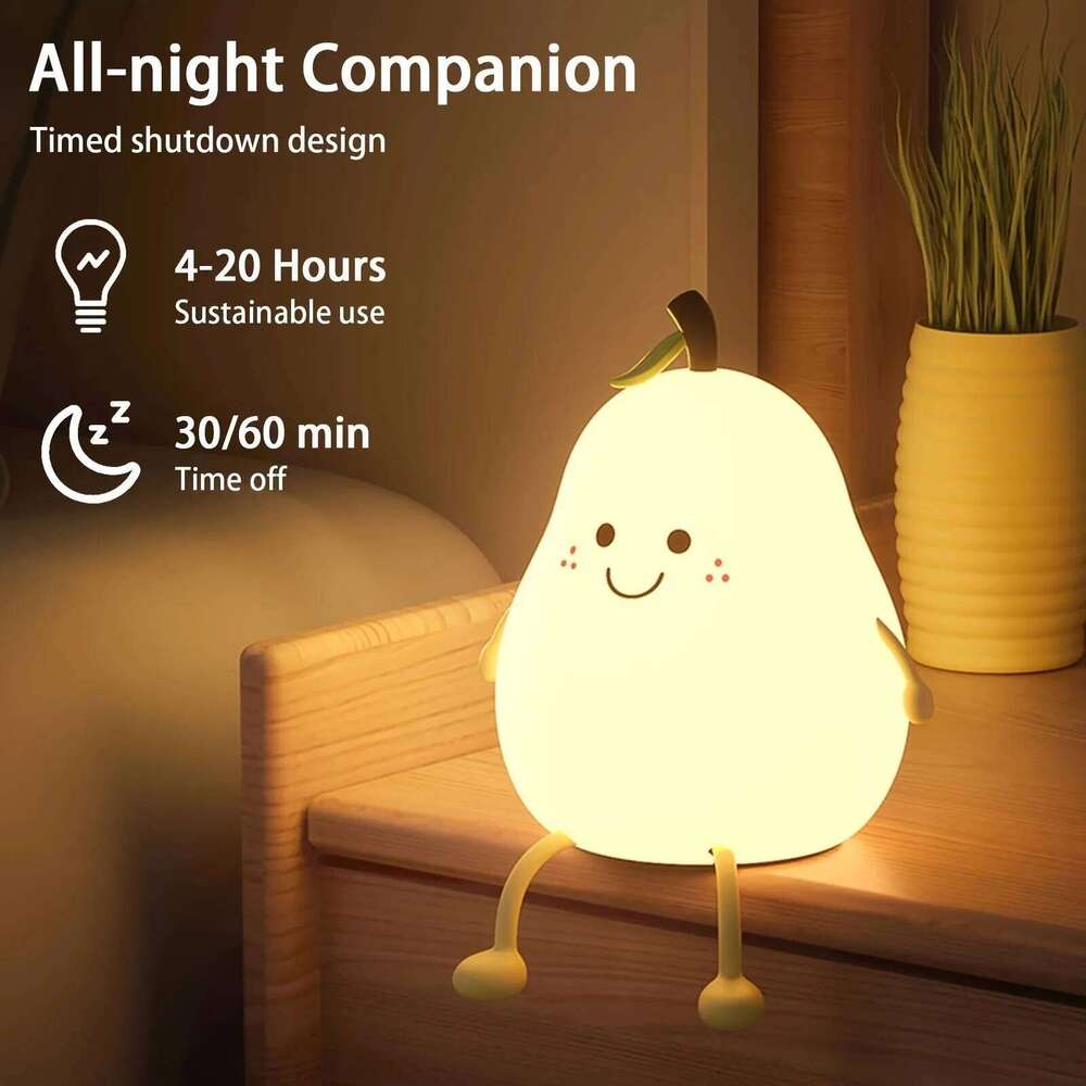 1pc Cute Pear 7-Color Dimmable Touch-Controlled Night Light Silicone Stress Reducing Pat Lamp USB Rechargeable Z260227