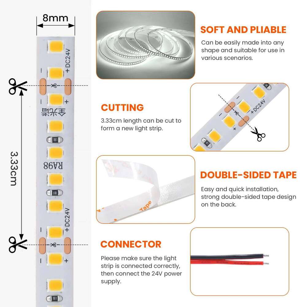 Full Spectrum High CRI RA98 LED Strip Light DC 24V SMD2835 180Leds/M 3000K 4000K 6000K 5M/10M IP20 Flexible Ribbon Tape Z260226