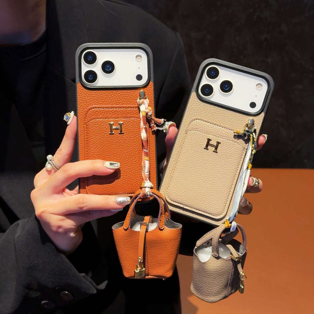 Compatible with Apple 17 iPhone 15 Pro Max Lychee Pattern Card Holder + Earphone Cover Phone Case 12 Trendy Women