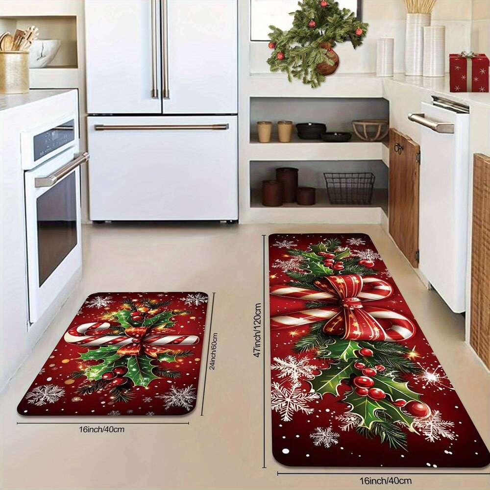 VIKAMA Merry Winter Candy Canes Holly Snowflake Kitchen Mat Christmas Holiday Atmosphere Decor Festive Home Gift H260226