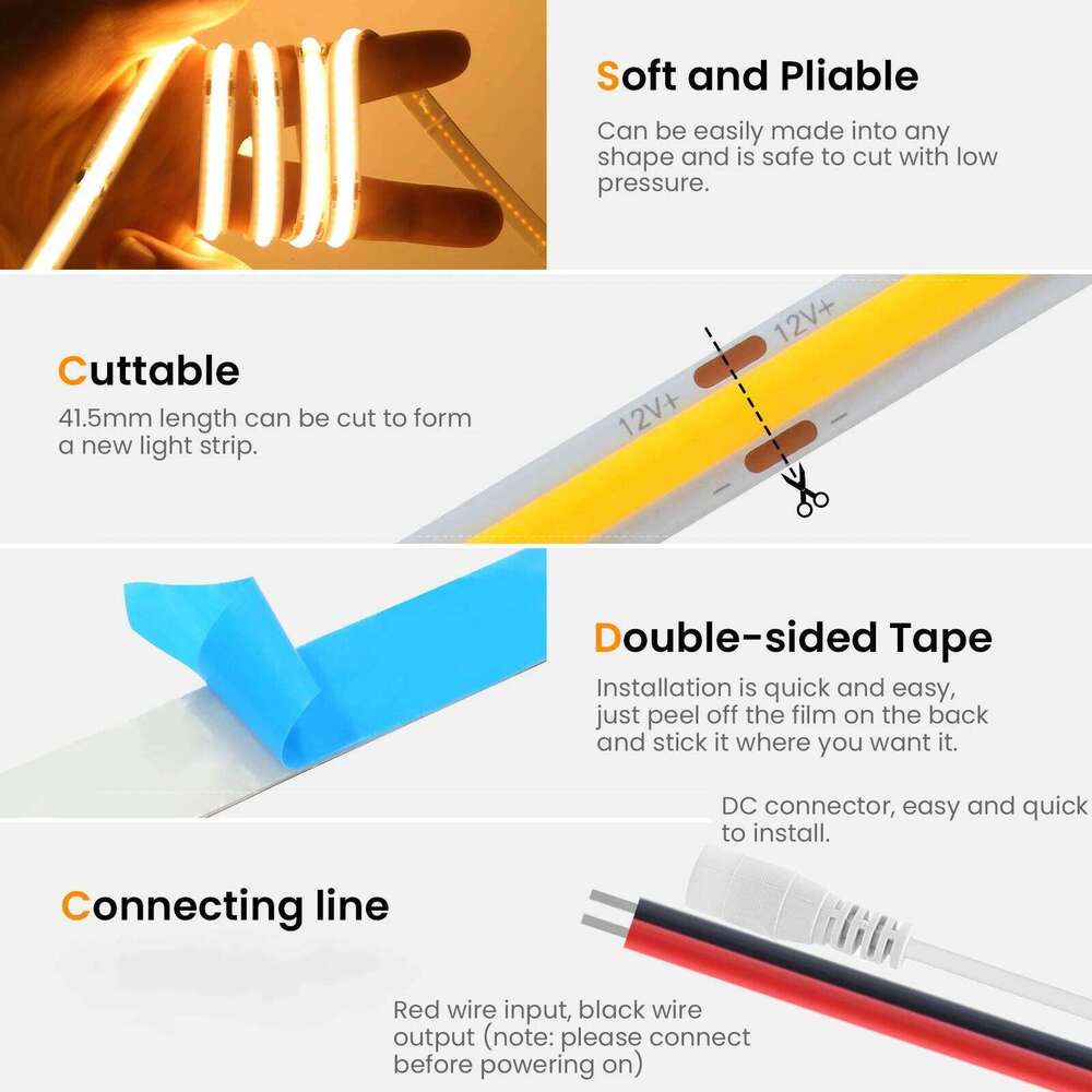 3mm 5mm 8mm Width COB LED Strip Light DC 12V 24V 384LEDs/m High Density for Room Linear Dimmable Flexible Tape 3000K 4000K 6000K Z260226