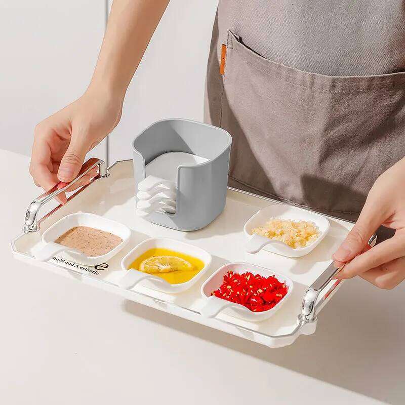 Portable Handle Snack Tray Set Kitchen Dip Tray with Discard-Bone Compartment Stackable Plastic Seasoning Dinner Plates Home Use Model