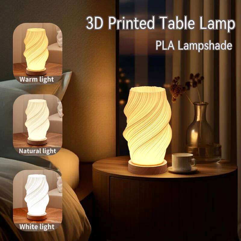 Nordic style creative 3D printing three-color LED button dimming wood base living room desk bedside decorative lamp Z260227