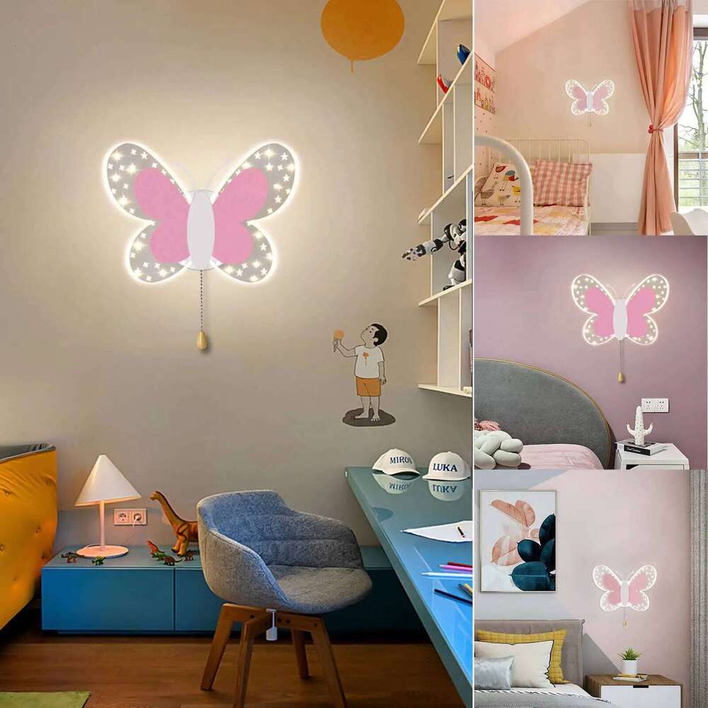 Creativity Butterfly Children's Lamp Pink Pull Switch Wall Sconces Indoor Bedside Room Aisle Decorative Lights Z260227