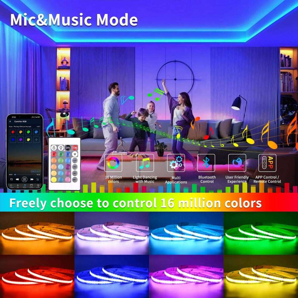 RGB COB Strip Lights with RF Remote Controller Set 2880 LEDs DC24V Flexible 16.4ft LED Tape Light Indoor Decor Lighting Z260226