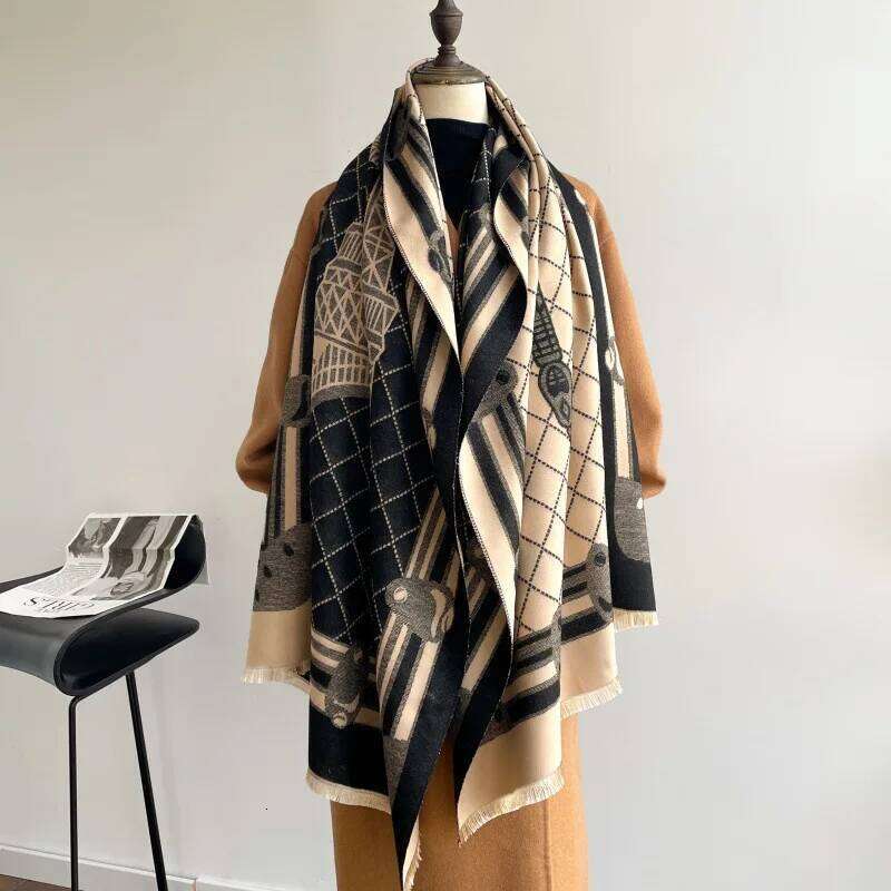 Luxury Eiffel Towe Warm Poncho Cashmere Scarf Women Winter Shawl Wraps Female Thick Pashmina Blanket Bufanda Travel Echarpe Z260226