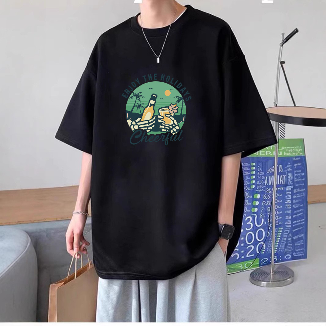 Unisex Couples Crew Neck 100% Cotton Short Sleeve T-shirt, Hong Kong Style Loose Fit Trendy Brand Printed Tees, Versatile Casual Basic Tops
