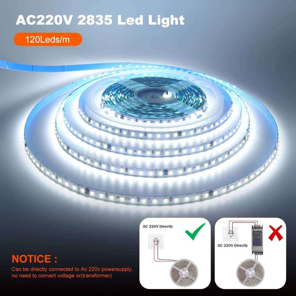 AC 220V SMD 2835 120Leds/M Strip IP44 3000K 4000K 6000K Home Decor Flexible Ribbon Rope Tape LED Light 5M 10M 50/Roll Z260226