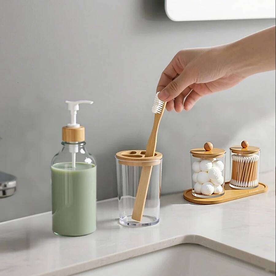 4 Pack Bamboo Bathroom Accessories Set - Plastic Soap Dispenser Clear Toothbrush and 2 Qtip Holder Cotton Ball