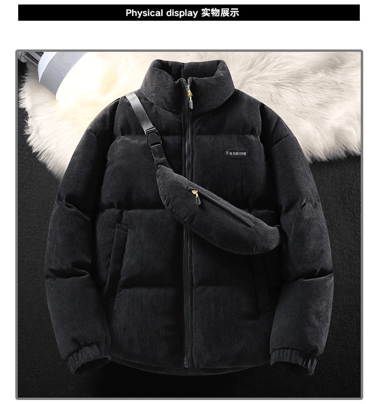Men's Winter Corduroy Padded Jacket, Stylish Stand Collar Thickened Trendy Coat with Crossbody Bag, Versatile Couples Outerwear